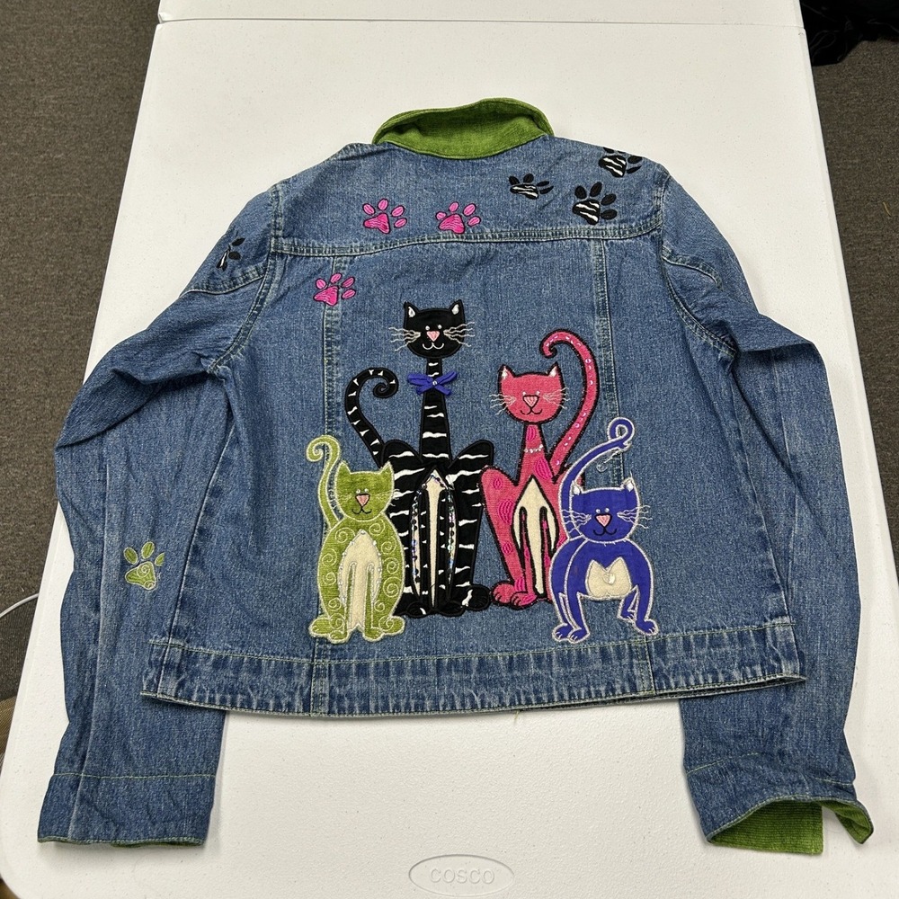 Bleu Bayou Denim Jacket Womens M Blue Embroidered Cat Paw Print Rhinestone Art
